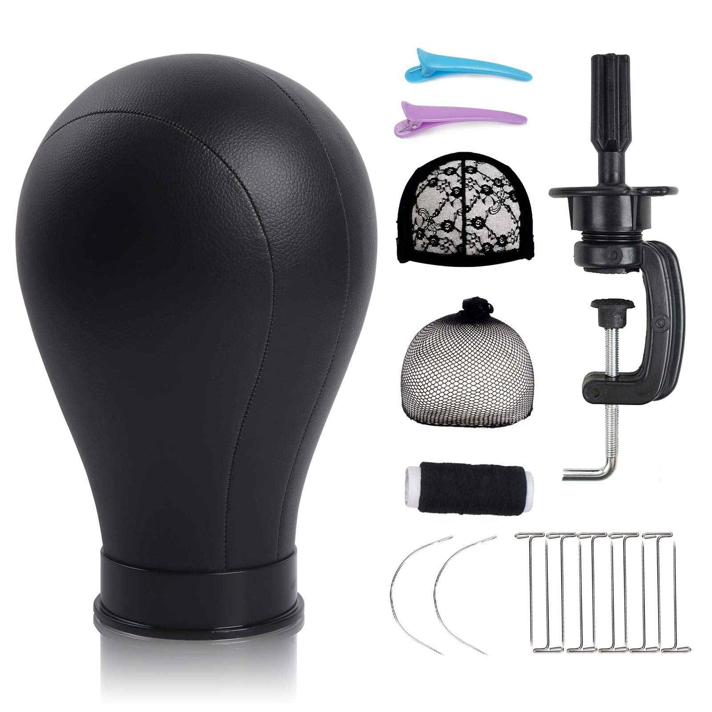 Bileaf 22 Inch Leather Wig Canvas Block Mannequin Head with Stand for Wigs Making Display Styling Canvas Head with Table C Stand Clamp Holder(Black Leather)