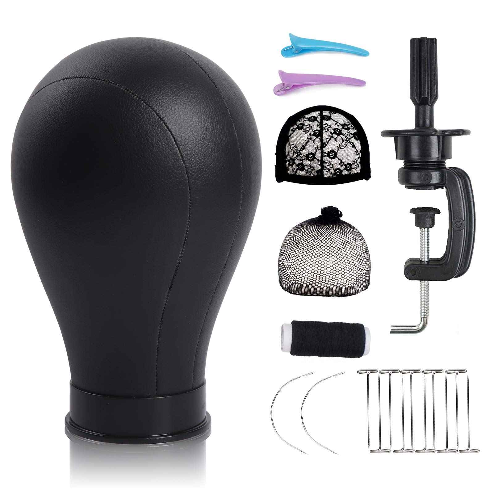 Bileaf 22 Inch Leather Wig Canvas Block Mannequin Head with Stand for Wigs Making Display Styling Canvas Head with Table C Stand Clamp Holder(Black Leather)