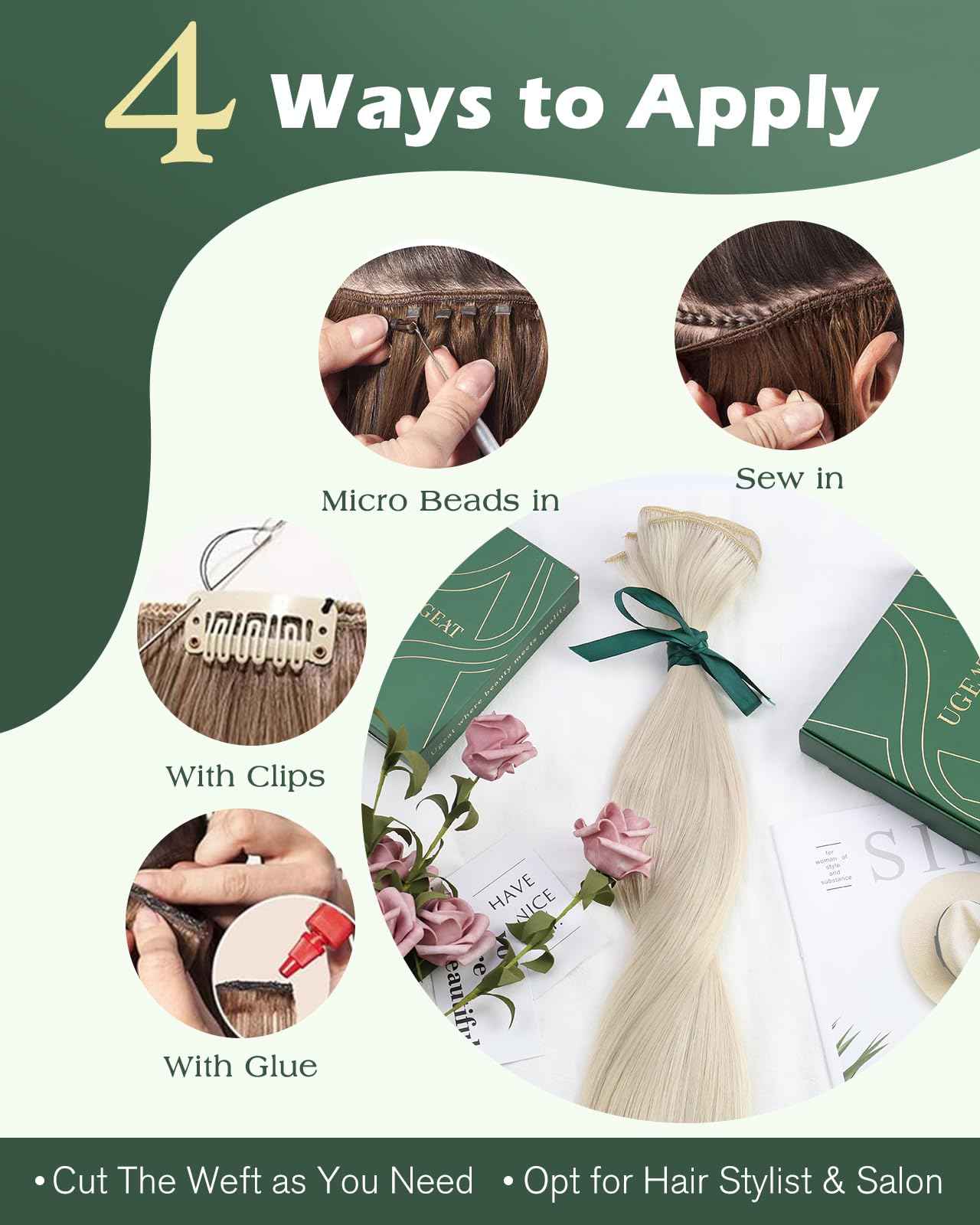 Ugeat Platinum Blonde Sew in Hair Extensions Blonde Weft Hair Extensions Real Human Hair Sew in Extensions for Women Remy Invisible Double Weft Short Length 14 Inch 80G