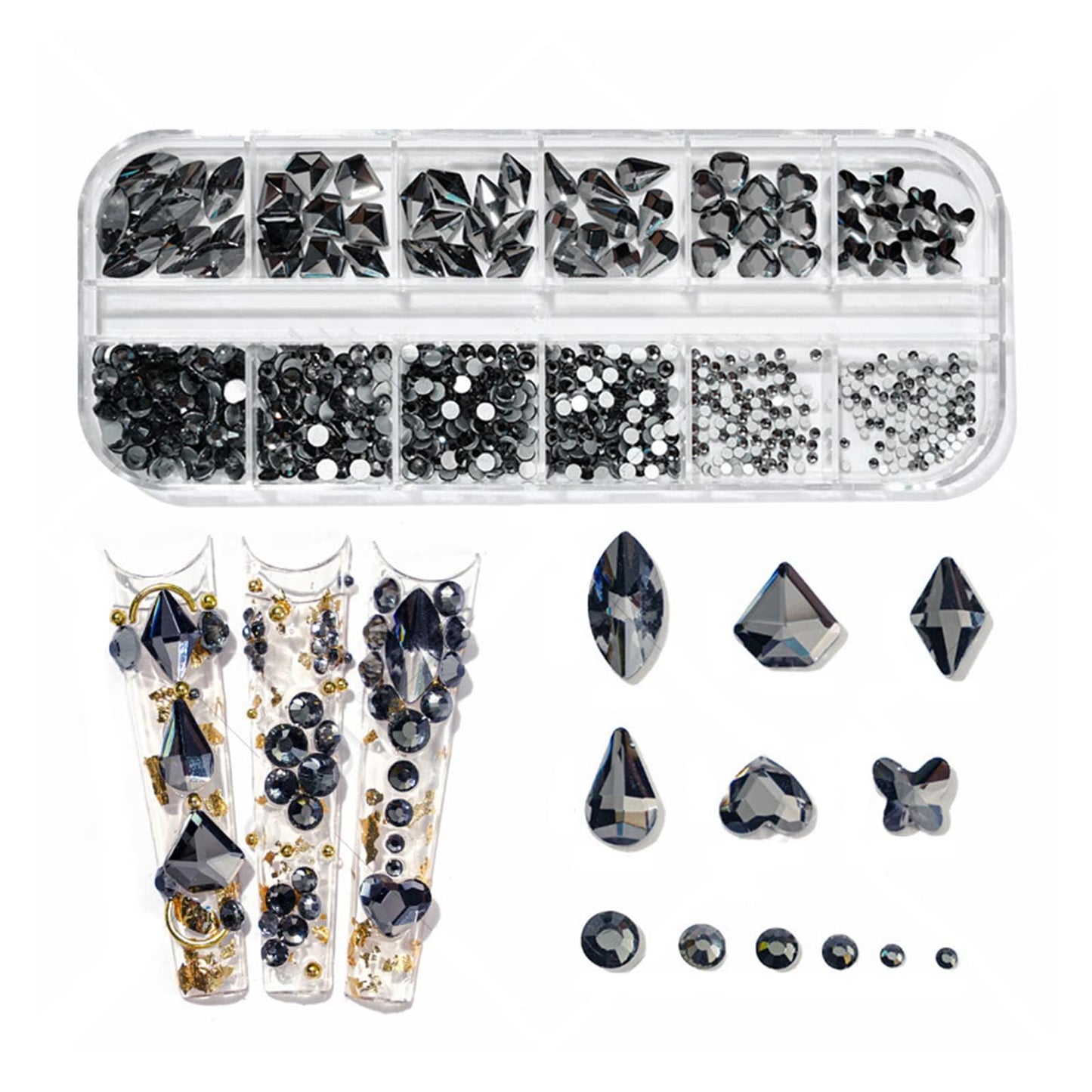 QEZEZA Nail Art Rhinestones Kit, Rhinestone Nail Face Gems, Nail Art Ab Flatback Rhinestones Gems Stones with Storage Organizer Box, (1.5mm - 10mm) 1000PCS 12 Sizes - Clear Black