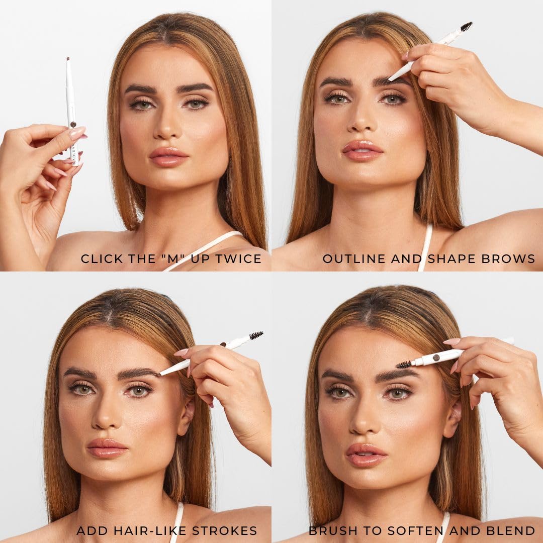 MADLUVV Exacto Brow Pencil for Flawless, Long Lasting, Realistic Brows with Dual-Ended Design Featuring Retractable Blade Tip for Precise Hair Like Detail and Blending Brush - Dark Brown