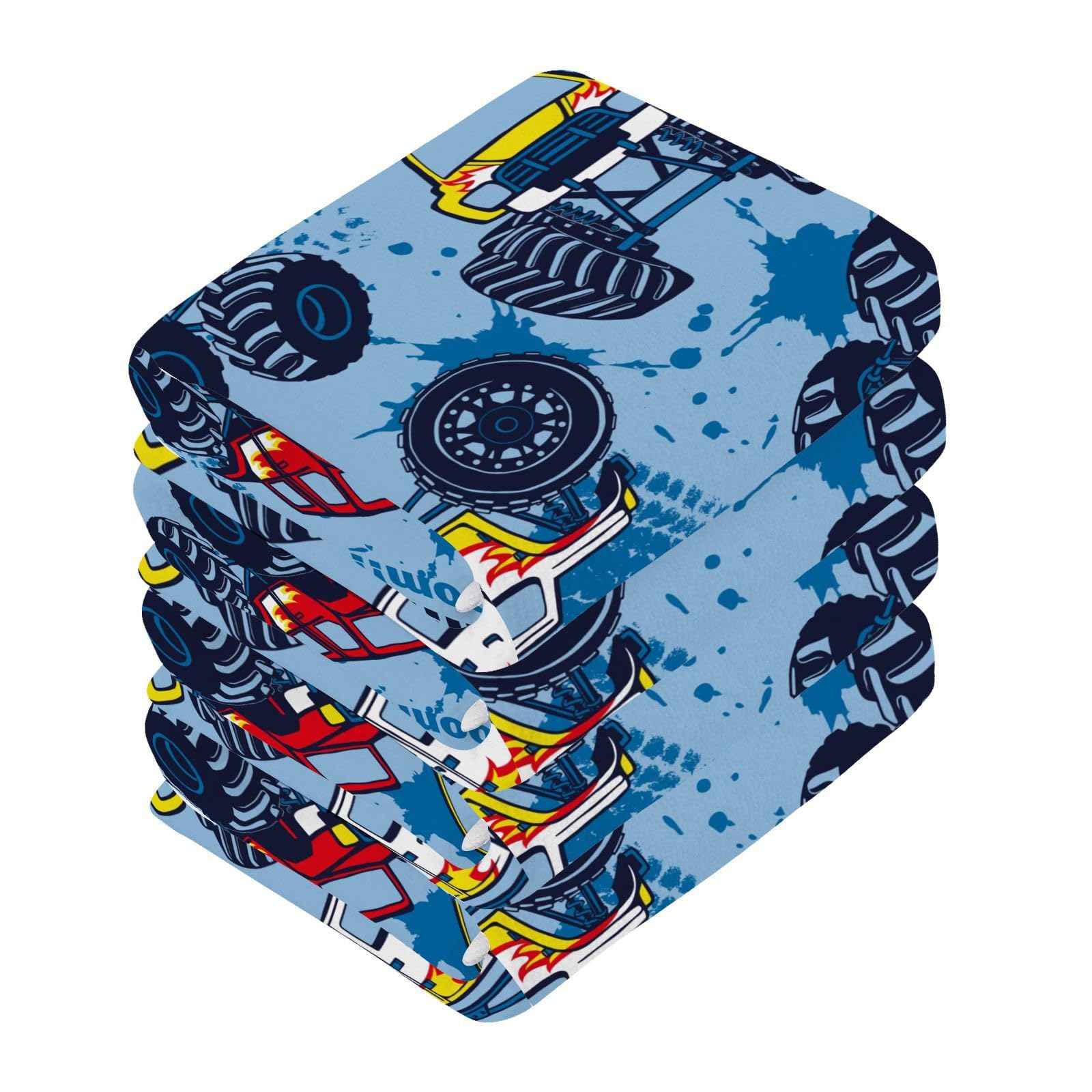SUABO Soft Cotton Kid's Bath Washcloths,Monster Truck Cars Towel,Set 6