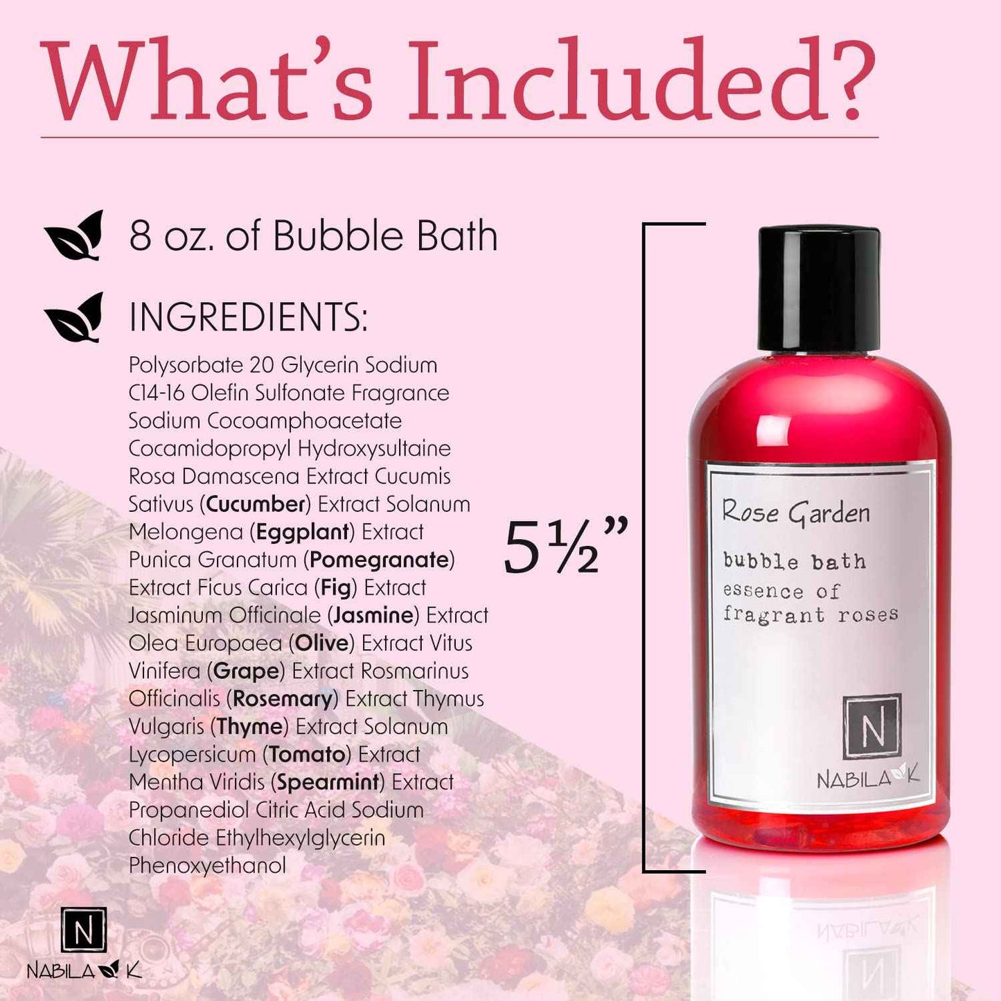Rose Garden Bubble Bath by Nabila K - Essential Oils with Natural Ingredients for Sensitive Skin, Tear-Free, Gentle, Moisturizing - Luxury for Women & Men, 8 oz