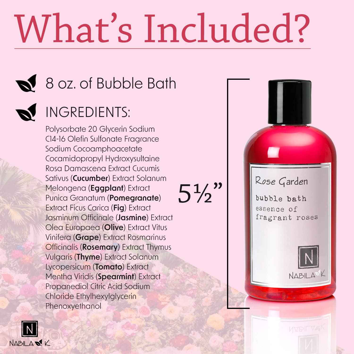 Rose Garden Bubble Bath by Nabila K - Essential Oils with Natural Ingredients for Sensitive Skin, Tear-Free, Gentle, Moisturizing - Luxury for Women & Men, 8 oz