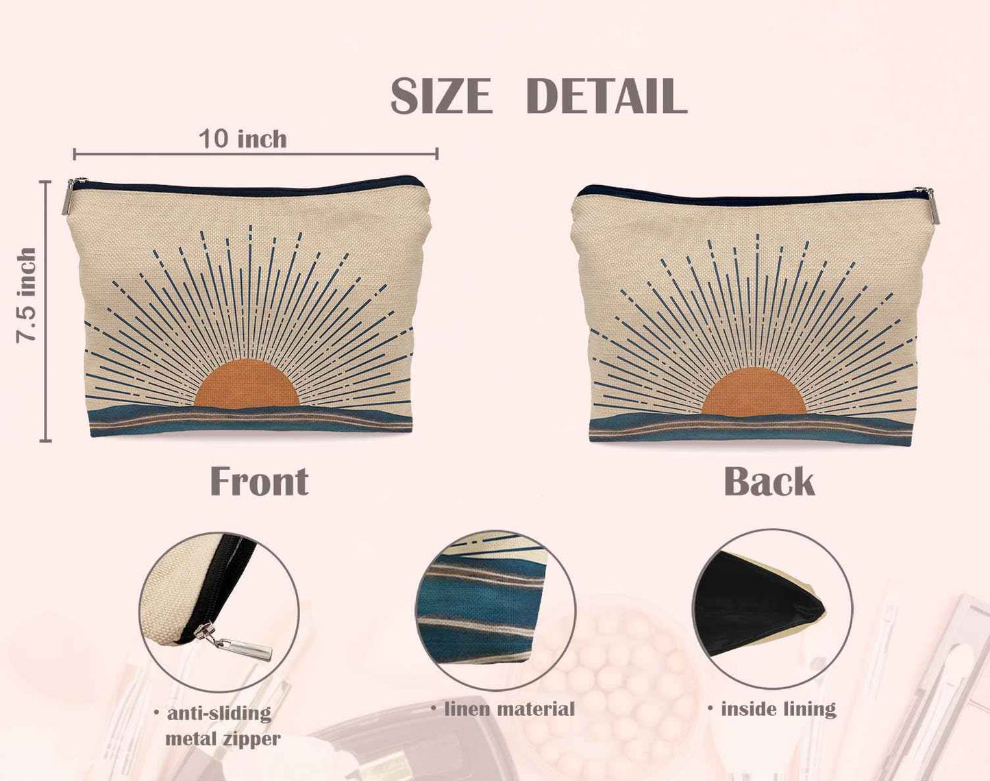 Lacosu Abstract Boho Sunburst Sunrise Sunset Ocean Landscape Makeup Bag, Mid-Century Modern Art Cosmetic Bag for Women Girls, Travel Makeup Bag, Gift for Boho Lovers Teen Girls