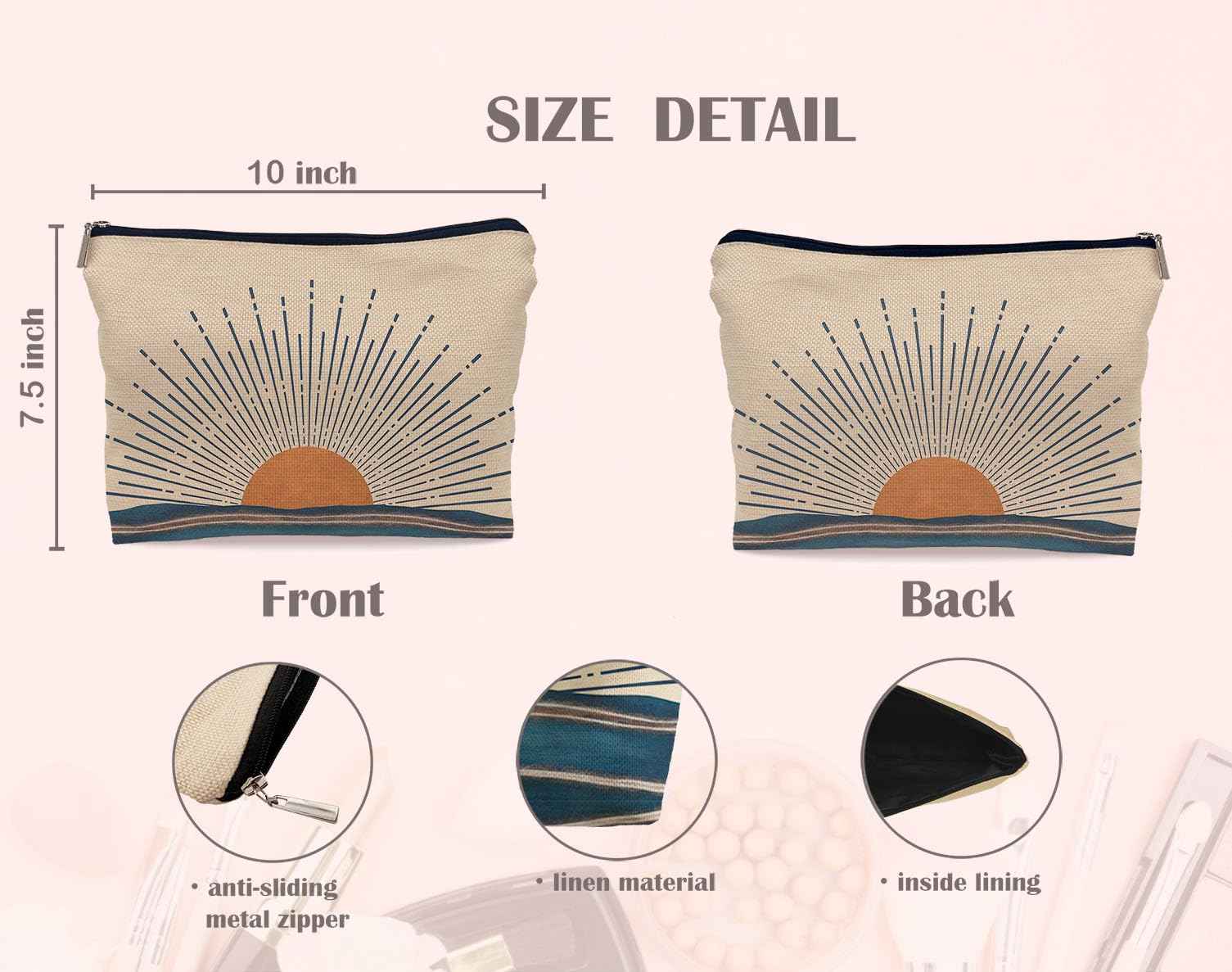 Lacosu Abstract Boho Sunburst Sunrise Sunset Ocean Landscape Makeup Bag, Mid-Century Modern Art Cosmetic Bag for Women Girls, Travel Makeup Bag, Gift for Boho Lovers Teen Girls