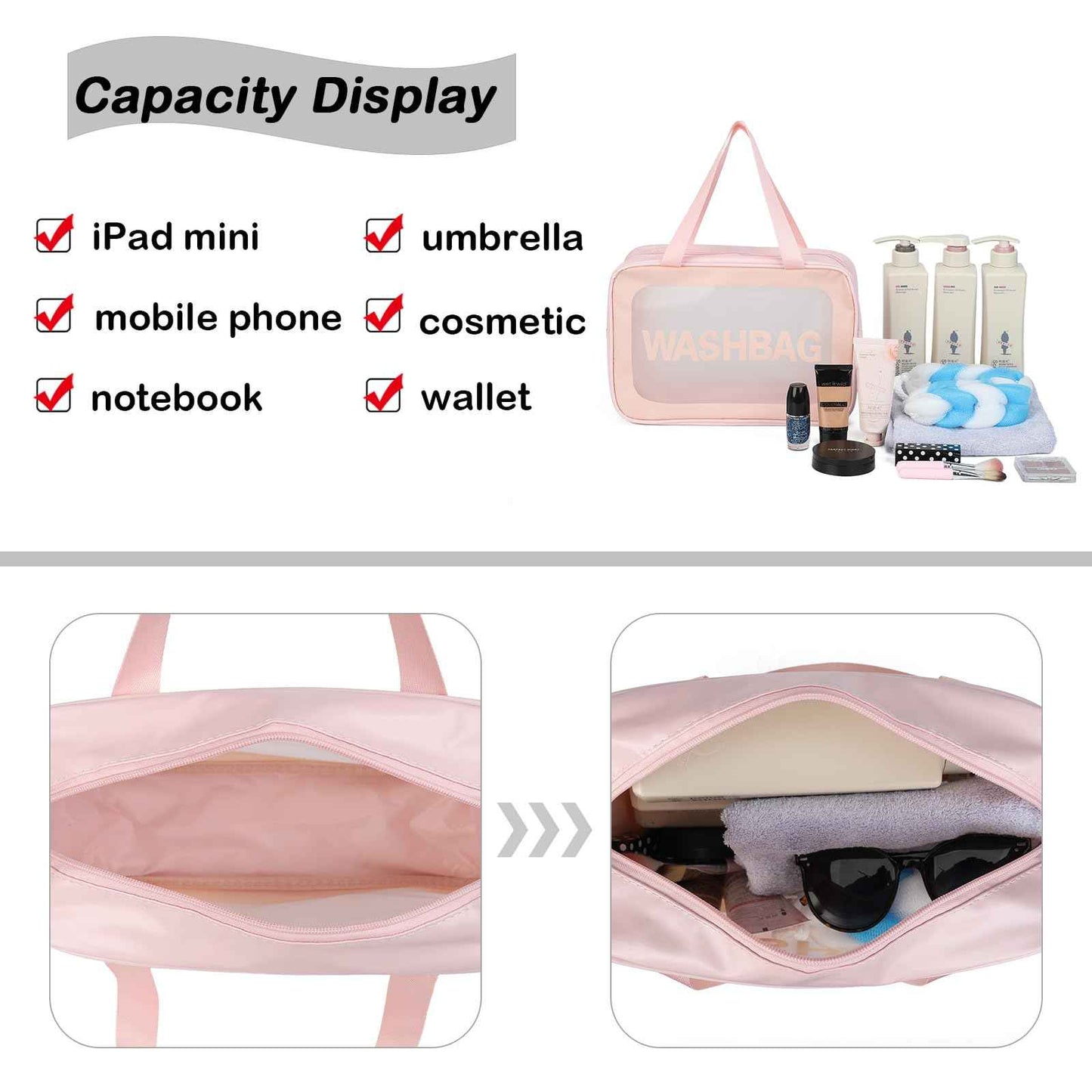 Gladdon Clear Travel Toiletry Bags for Women Clear Purse Bathroom Shower Pouches Makeup Bag Set of 4 Washbags Pink