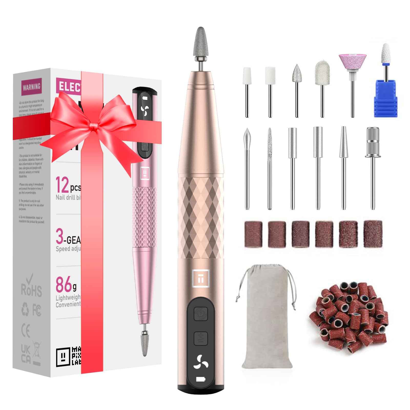 Mfish Professional Nail Drill Kit, Electric Nail File for Acrylic/Gel Nails,12 Bits, Adjustable Speeds, Portable Cordless Electric Nail Tools for Home & Salon Use