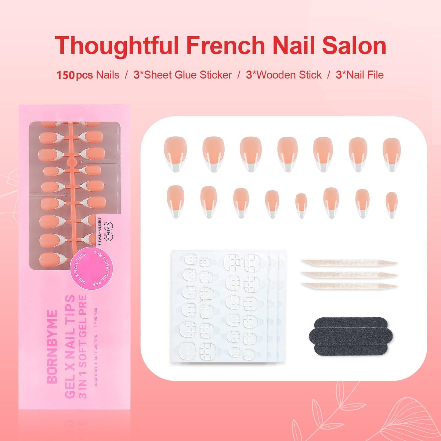 LIARTY 150 Pcs French Press On Nails Short Almond, French Tip False Nails Manicure, 15 Size Acrylic Full Cover Artificial Fake Nails (Natural)