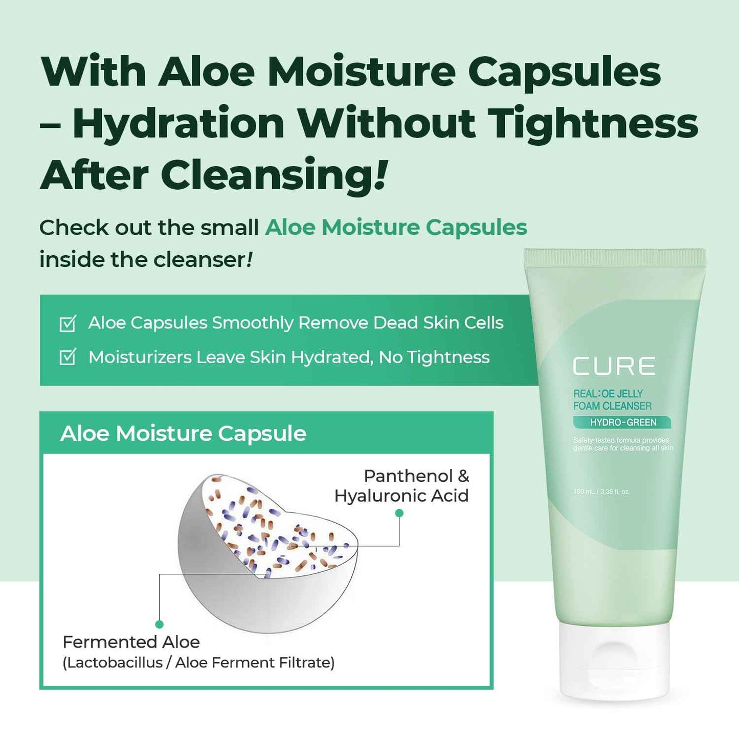 CURE Aloe Vera Foam Cleanser – Hydrating Gentle Korean Face Wash with Aloe & Centella for Sensitive Skin, Pore Care & Deep Cleansing, 3.38 fl oz