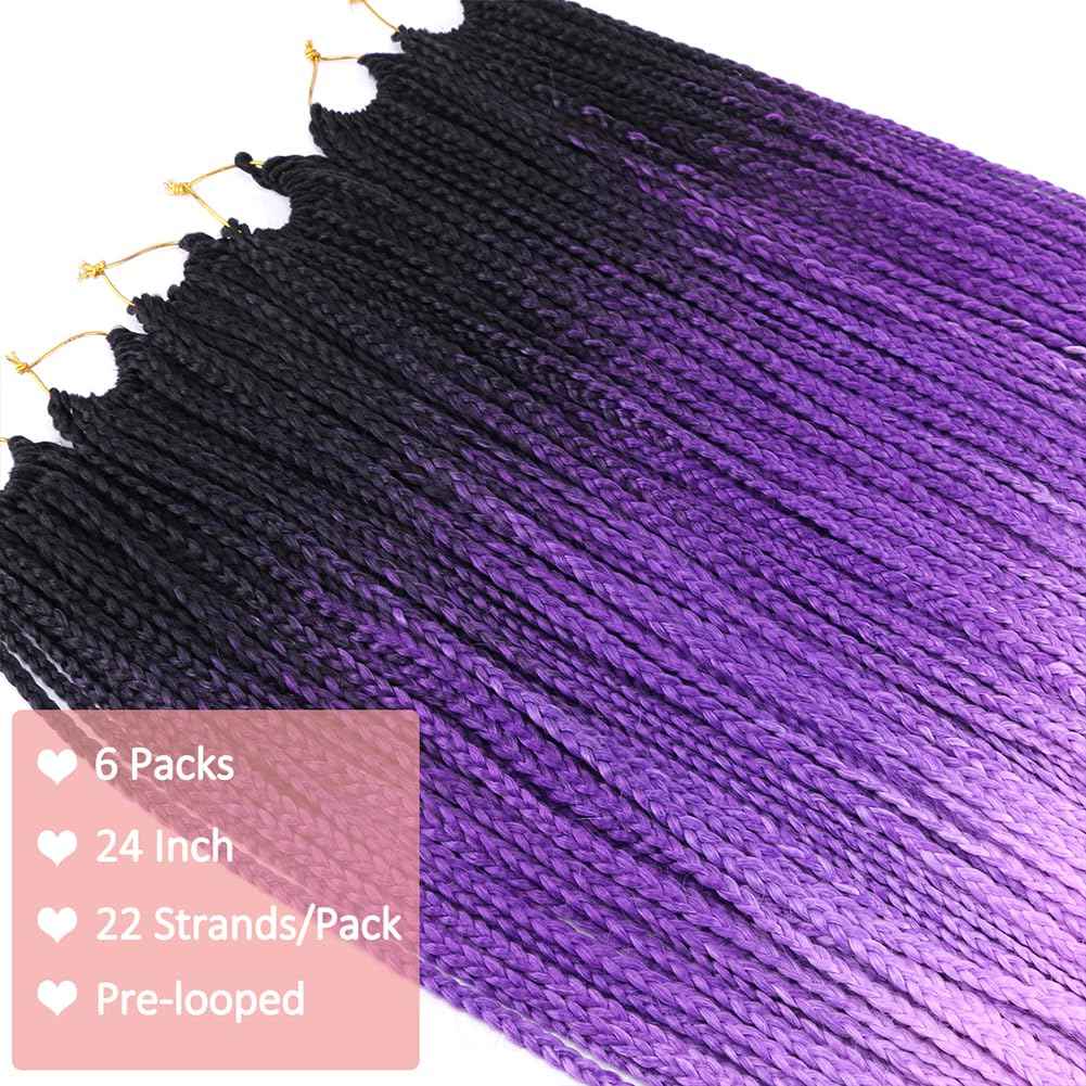 Purple Crochet Box Braids Pre Looped Box Braids Crochet Hair for Black Women 3X Goddess Braid Crochet Hair 6 Packs 24 Inch Knotless Straight Braiding Hair Extensions(T1/Purple/Light Purple#)