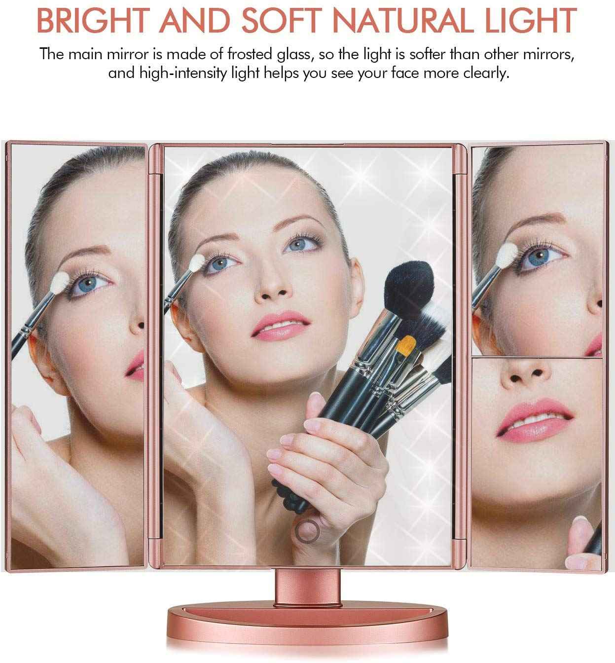 Infitrans Trifold Makeup Mirror Vanity Mirror with Lights,1X 2X 3X Magnification,Touch Screen,180 Adjustable Rotation,Portable Travel Bathroom Cosmetic Mirror