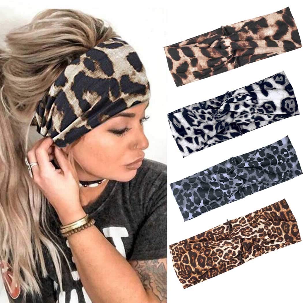 Fashband Boho Leopard Print Headbands Criss Cross Knotted Hair Bands Elastic Stretchy Twist Head Wraps Yoga Outdoor Head Scarfs Headpiece for Women Girls (Pack of 4)