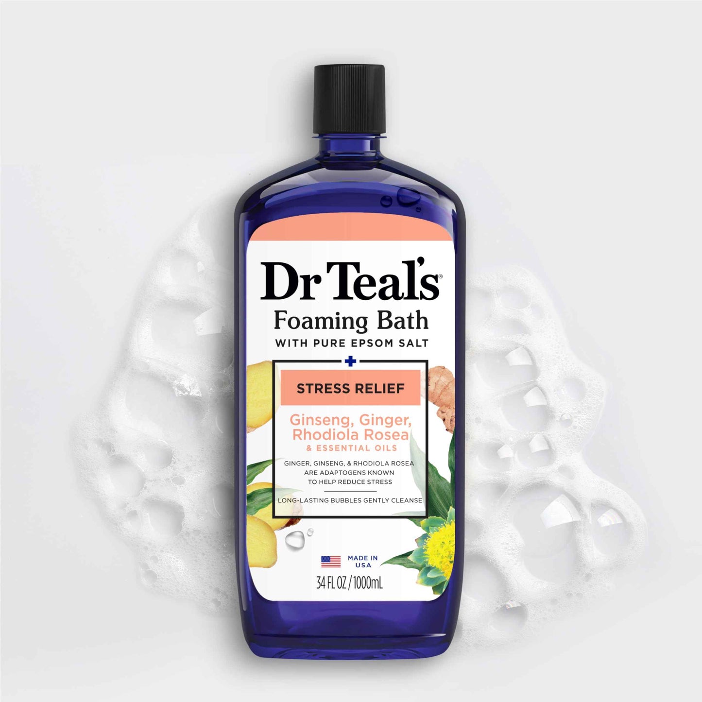 Dr Teal's Foaming Bath with Pure Epsom Salt, Stress Relief with Ginseng & Ginger, 34 fl oz (Pack of 4)
