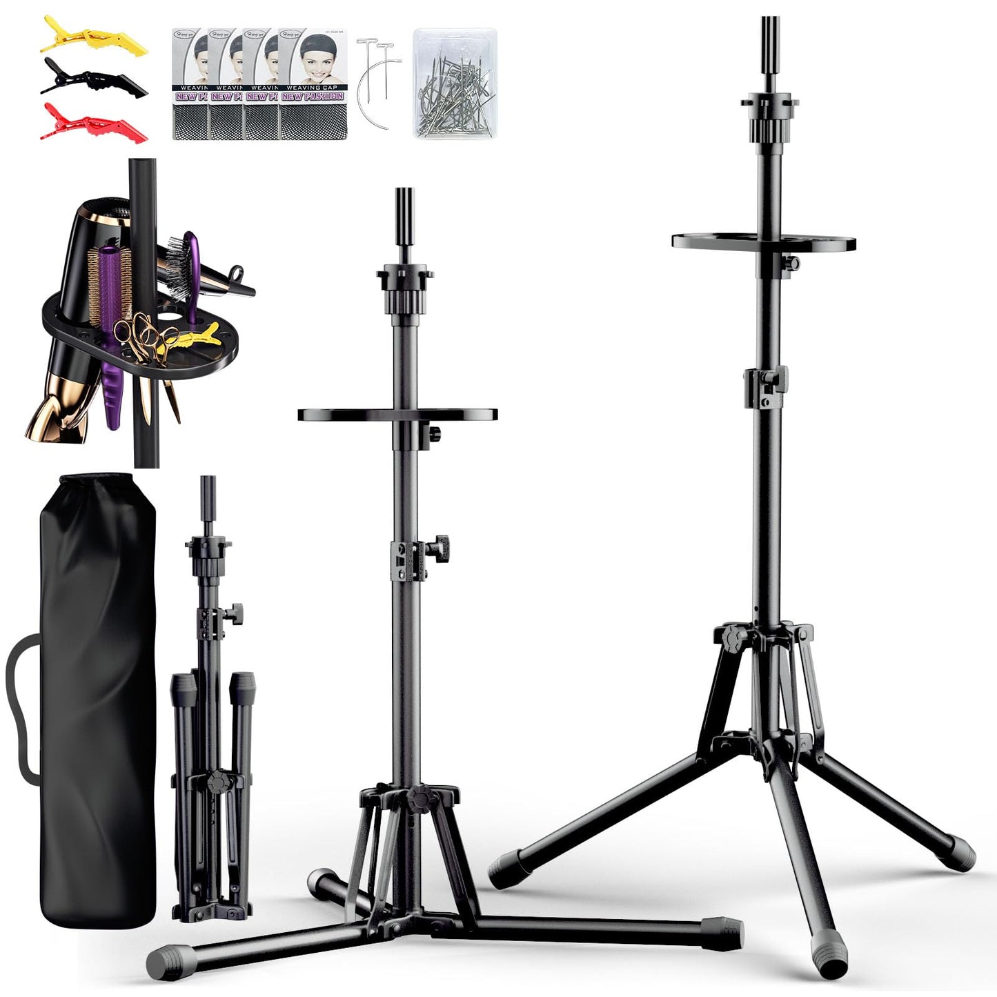 GSOW Wig Stand Tripod - Reinforced Metal Mannequin Head Stand with Tool Tray, Adjustable Height 31" - 57" Wig Head Stand for Styling Cosmetology Hairdressing Training with Wig Caps T-Pins Hair Clips