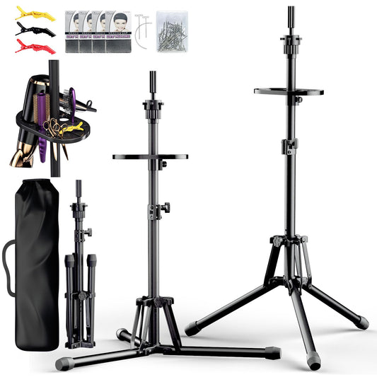 GSOW Wig Stand Tripod - Reinforced Metal Mannequin Head Stand with Tool Tray, Adjustable Height 31" - 57" Wig Head Stand for Styling Cosmetology Hairdressing Training with Wig Caps T-Pins Hair Clips