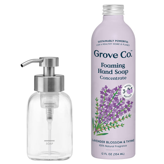 Grove Co. Foaming Hand Soap Concentrate (12 Fl Oz) + Reuseable Glass Soap Dispenser, Plastic Free and Liquid Refillable Starter Kit, Natural Lavender Blossom & Thyme Fragrance