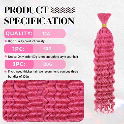 16 Inch Deep Wave Human Braiding Hair for Boho Braids – 50g 1 Bundles/Pack Pink 100% Unprocessed 12A Brazilian Virgin Human Hair Bulk, No Weft, Wet & Wavy Curly Extensions