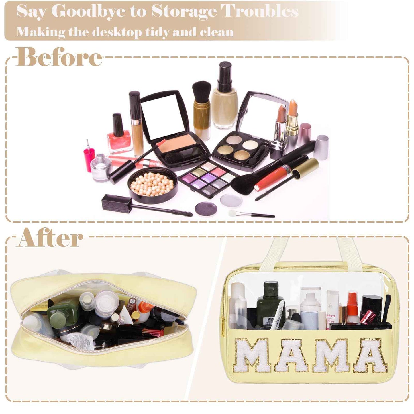 Chenille Letter Patches Clear MAMA Cosmetic Bag, Large PVC & Nylon Preppy Makeup Bag Zipper Makeup Pouch with Handle, Portable Waterproof Travel Toiletry Bag Tote Bag for Women Girls(Beige MAMA)