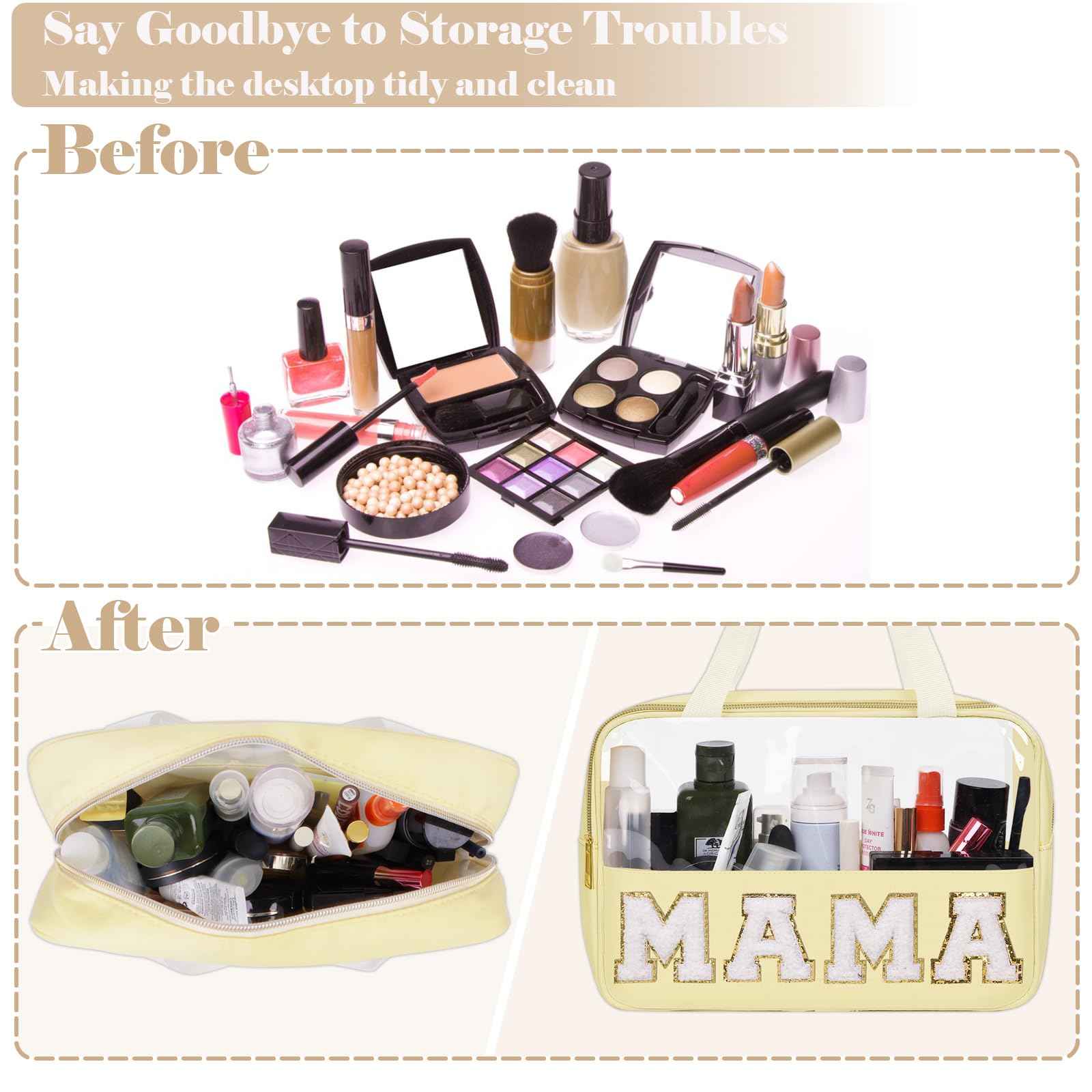 Chenille Letter Patches Clear MAMA Cosmetic Bag, Large PVC & Nylon Preppy Makeup Bag Zipper Makeup Pouch with Handle, Portable Waterproof Travel Toiletry Bag Tote Bag for Women Girls(Beige MAMA)