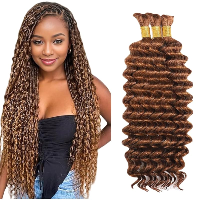 #30 Brown Deep Wave Human Braiding Hair 28" - 3 Bundle