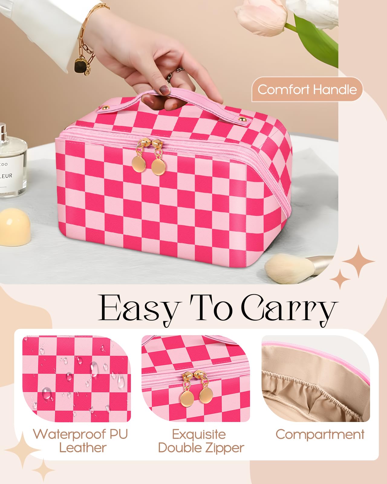 Bistup Makeup Bag Travel Cosmetic Bag Toiletry Make Up Bags Cute Women Large Capacity Big Medium Leather Checkered Plaid Hotpink Aesthetic Girl Teen Teenage Square Foldable Expandable Open Flat Zip