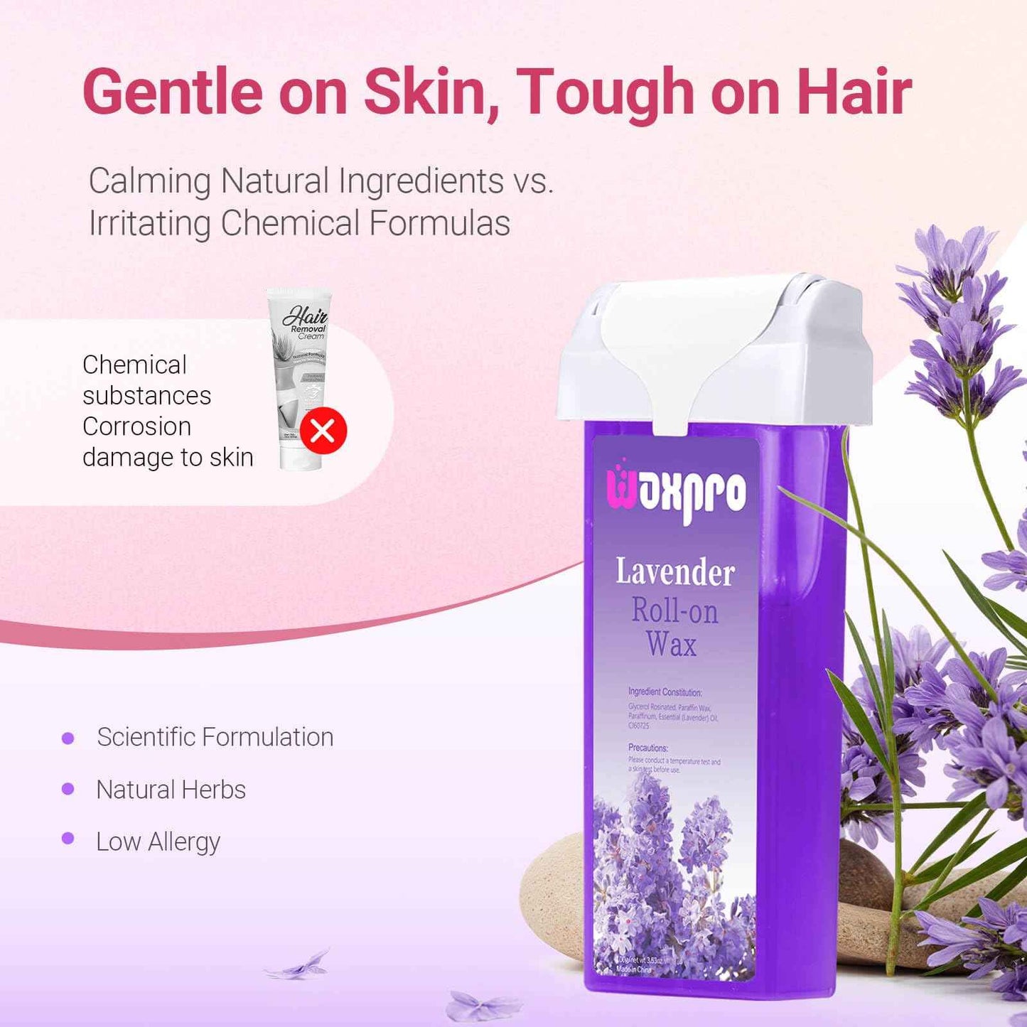 Waxpro Roll On Wax Kit for Women - Easy to Use - At-Home Hair Removal for Body (Arms & Legs) with 2 Honey Wax Roller Cartridges & 50 Strips (Pink)