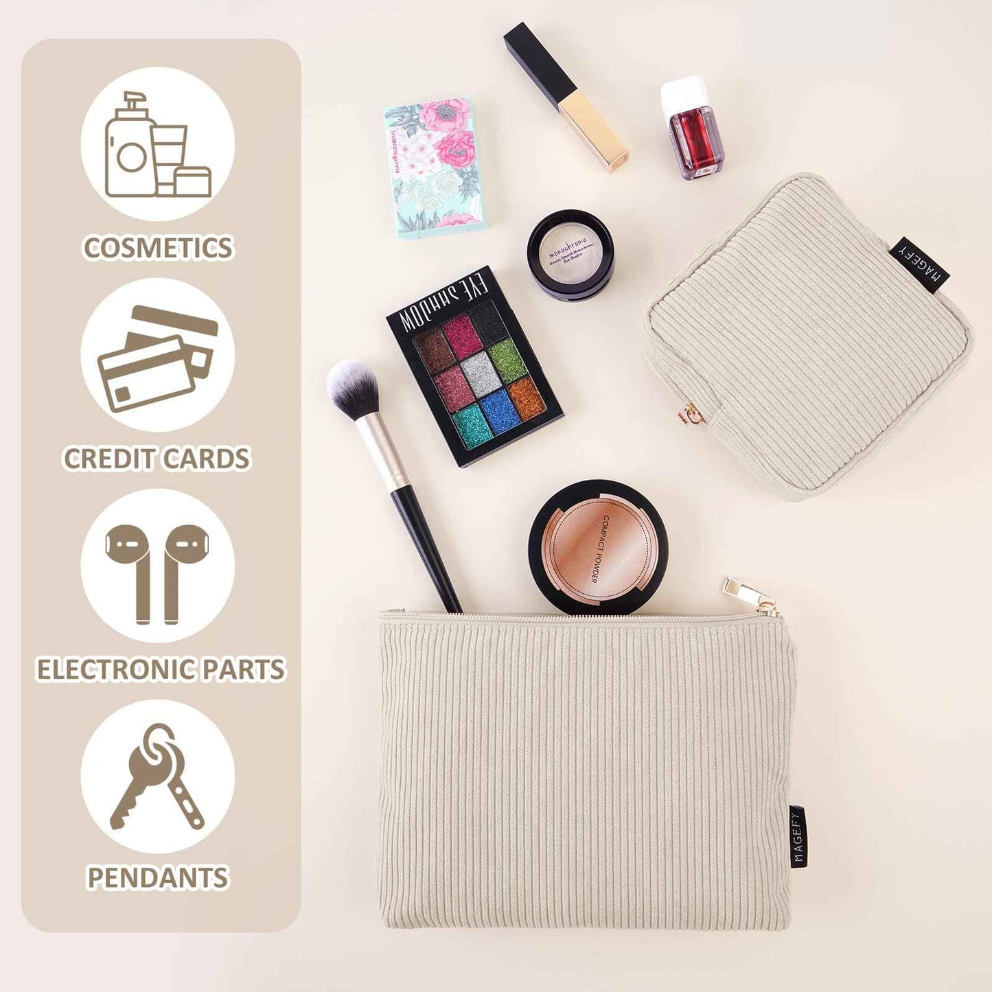 MAGEFY Small Makeup Bag, 2 Pcs Corduroy Makeup Bag for Purse Make Up Organizer Bag Mini Pouch with Slip-in Pockets Aesthetic Preppy Stuff - Beige