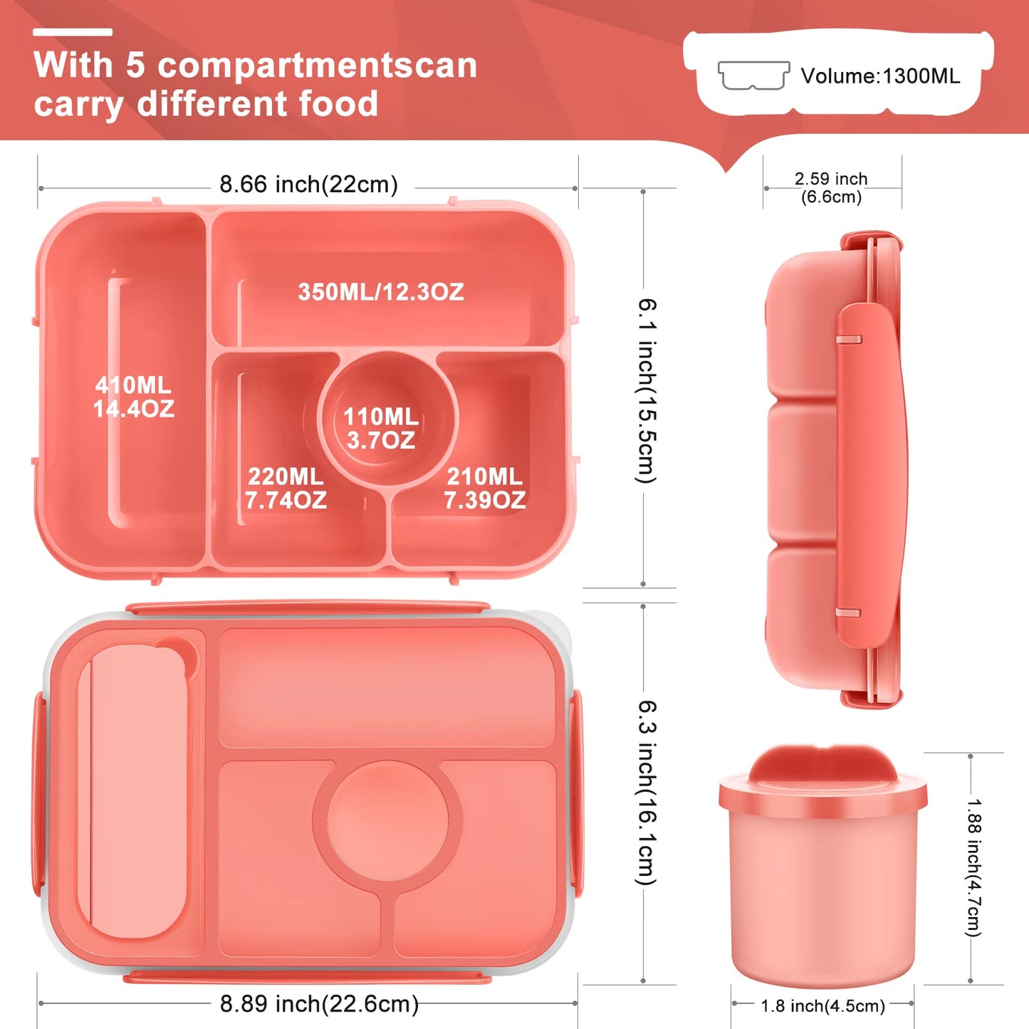 Demiue Lunch Box Kids,Bento Box Adult Lunch Box,Lunch Containers for Adults/Kids/Toddler,5 Compartments Bento Lunch Box with Sauce Vontainers,Microwave & Dishwasher & Freezer Safe(Pink)