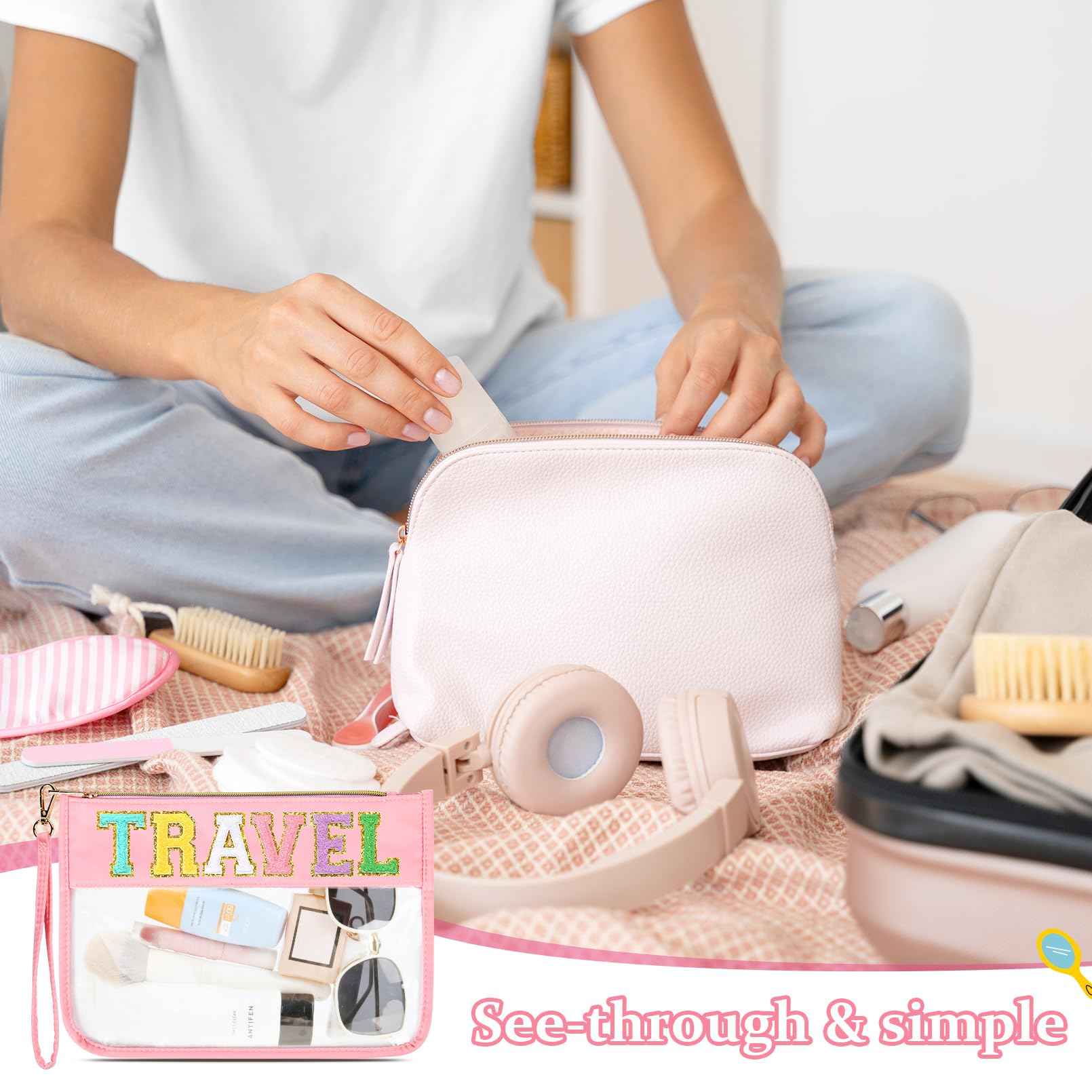 SOIDRAM Travel Makeup Bag Chenille Letter Patch Large Waterproof PVC Toiletry Bag Preppy Nylon Cosmetic Organizer for Women and Girls