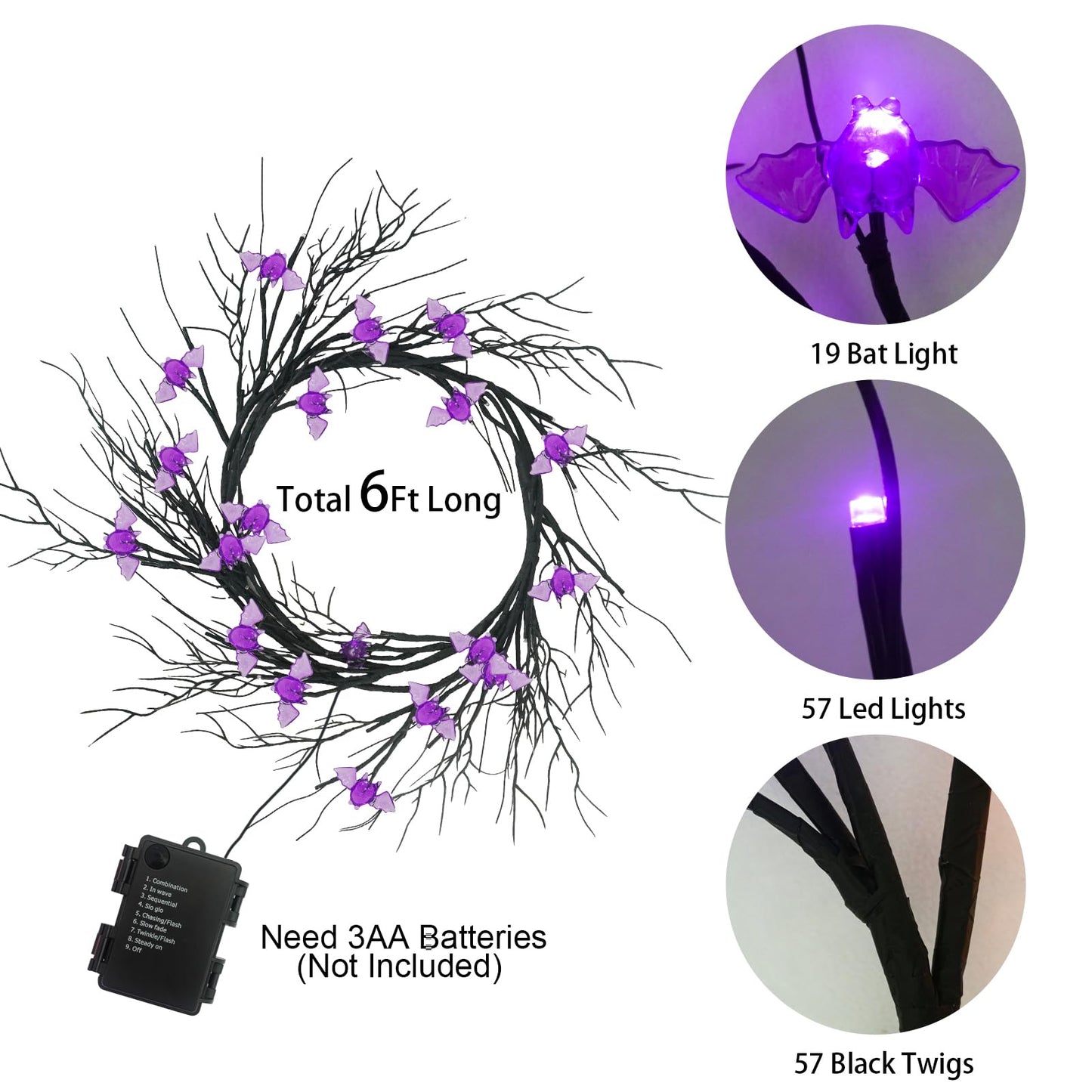 [Timer & 8 Modes] Krissing 6Ft 57 LED Halloween Willow Vine Twig Halloween Garland with 19 Bats Purple Lights Waterproof Battery Operated Halloween Lights Home Indoor Wall Fireplace Mantle Decor