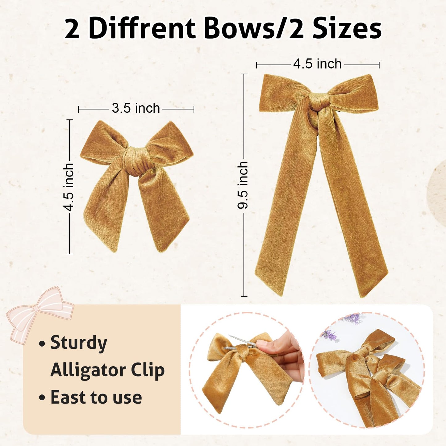 Velvet Hair Bows in 2 Sizes - 5" & 3.5" Soft Ponytail Knot Bows with Alligator Clips for Toddlers and Little Girls - Gold Hair Accessories