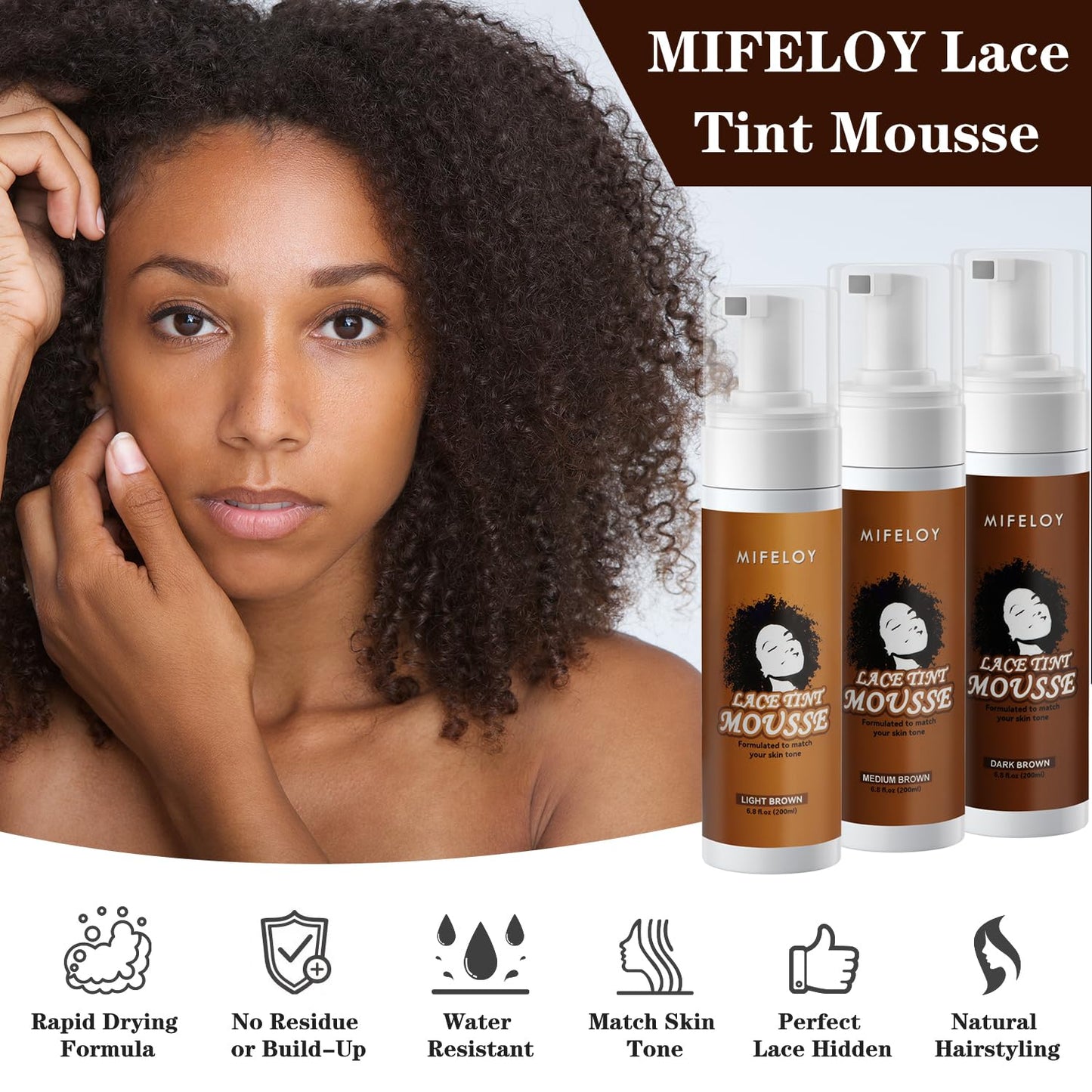 Mifeloy Hair Styling Product for Women, Lace Tint Melting and Mousse Foam 6.8 fl oz, Mocha Medium Brown, Natural Finishing Edge Control for Lace Front Wigs, Toupees, Hair Pieces