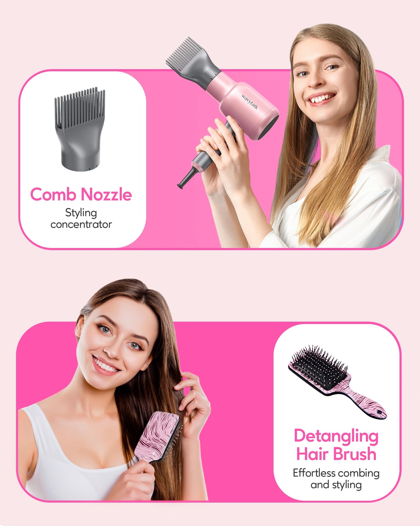 Wavytalk Ionic Hair Dryer Blow Dryer with Diffuser Concentrator Nozzles Comb and Brush Negative Ions with Ceramic Technology as Salon Light and Quiet 1875W for All Hair Types