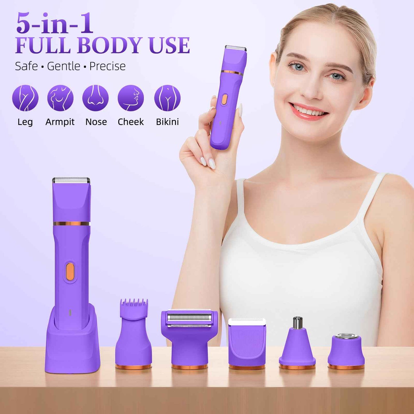HOHOLE 5-in-1 Bikini Trimmer for Women, IPX7 Waterproof Electric Razors Shaver, Cordless Body Hair Trimmer, Facial & Pubic Hair Removal, Ceramic Blade (Light Purple)
