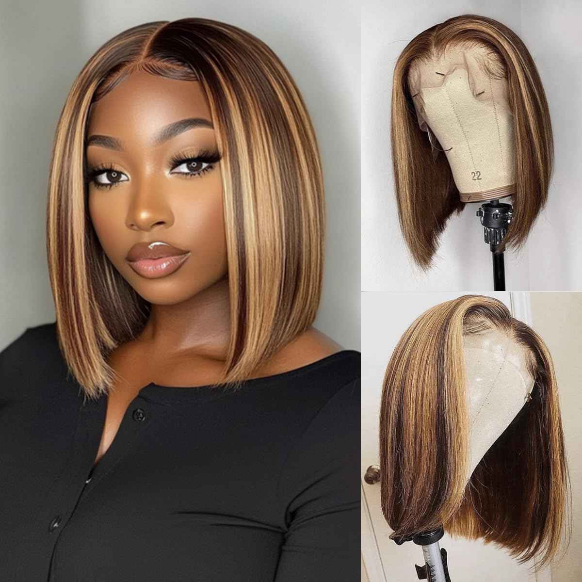 Rebecca Beauty Highlight Ombre Bob Lace Front Wigs Human Hair Upgraded 4x4 Closure Bob Wig 12 Inch Pre Plucked Short Straight Bob Wig for Black Women (Color TTPI4/27)