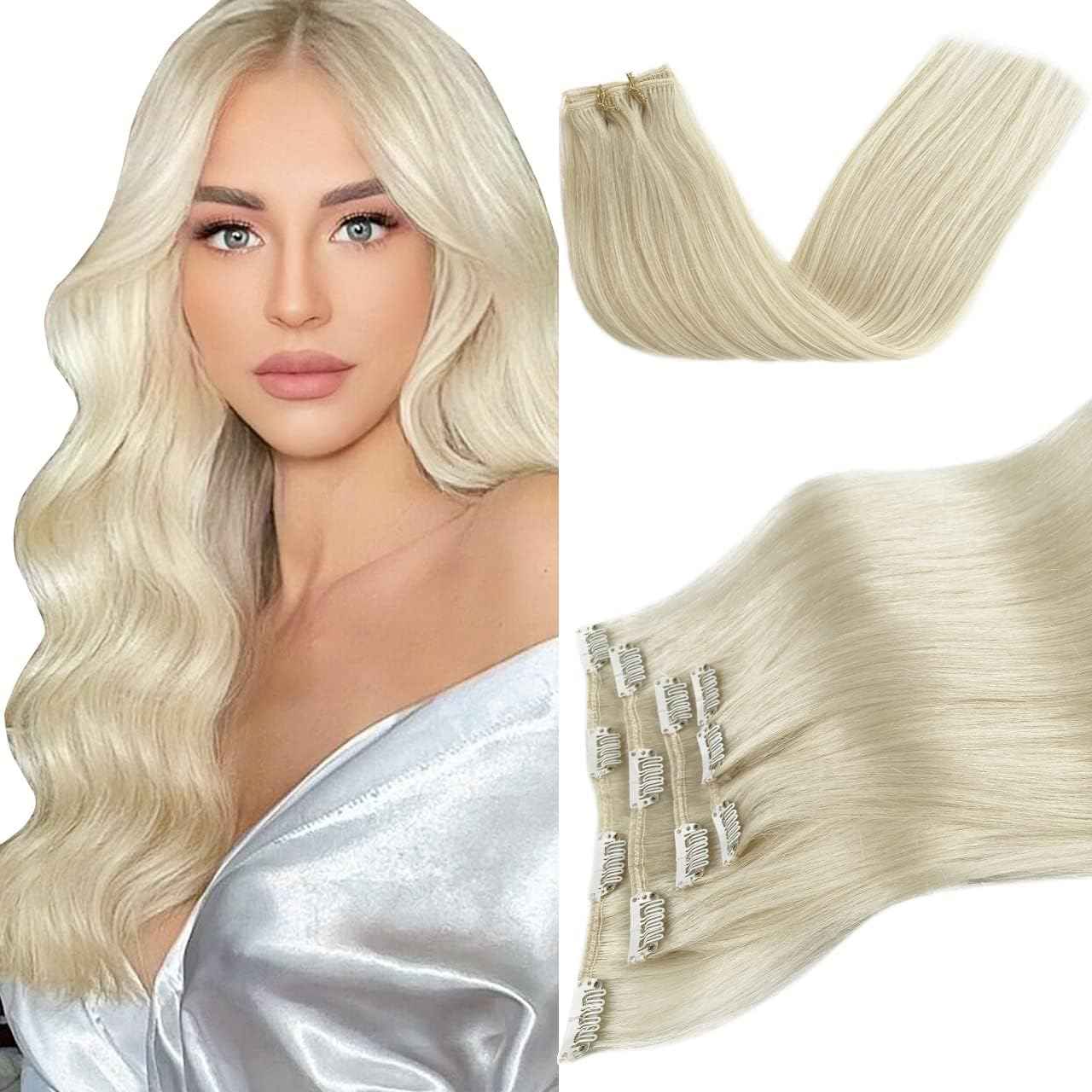 Platinum Blonde Clip in Hair Extensions Real Human Hair Blonde 70g 5pcs Remy Hair Extension Clip ins Double Weft Handmade Straight Seamless Clip in Extensions for Women Thick Ends 16 Inch