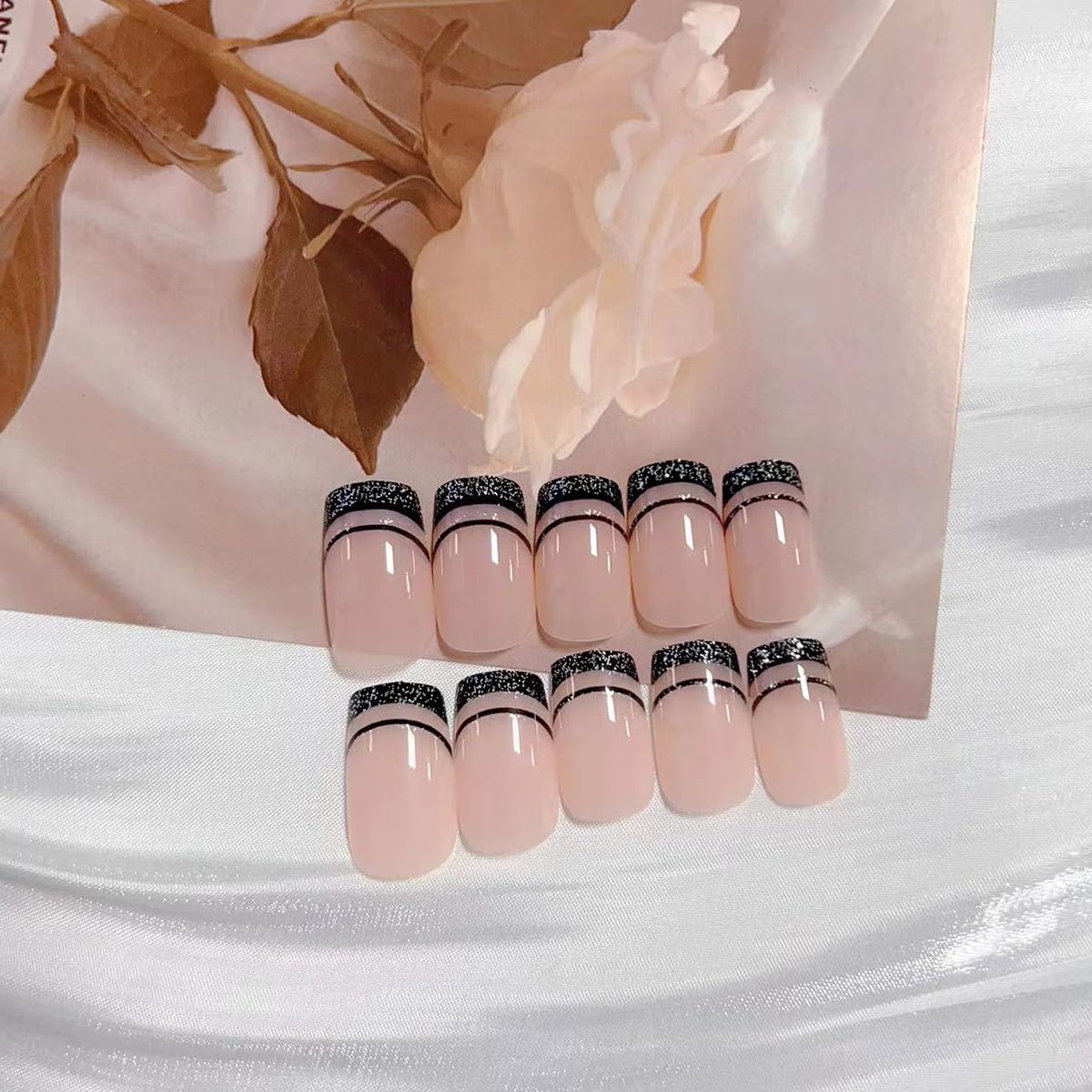 Black French Tip Press on Nails Short Square Balck Fake Nails with Silver Glitter Designs Pink False Nails Press Ons Full Cover Glossy Acrylic Glue on Nails Stick on Nails for Women 24Pcs