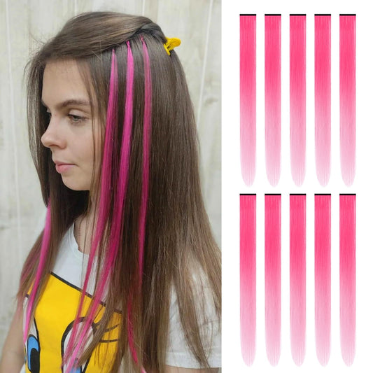 Netoe 10 Pcs Colored Clip in Hair Extensions 22" Long Straight Rainbow Hairpieces Multi-colors Synthetic Hair Accessories Colorful Party Highlights for Girls Kids Party Cosplay Use(Hot Pink)