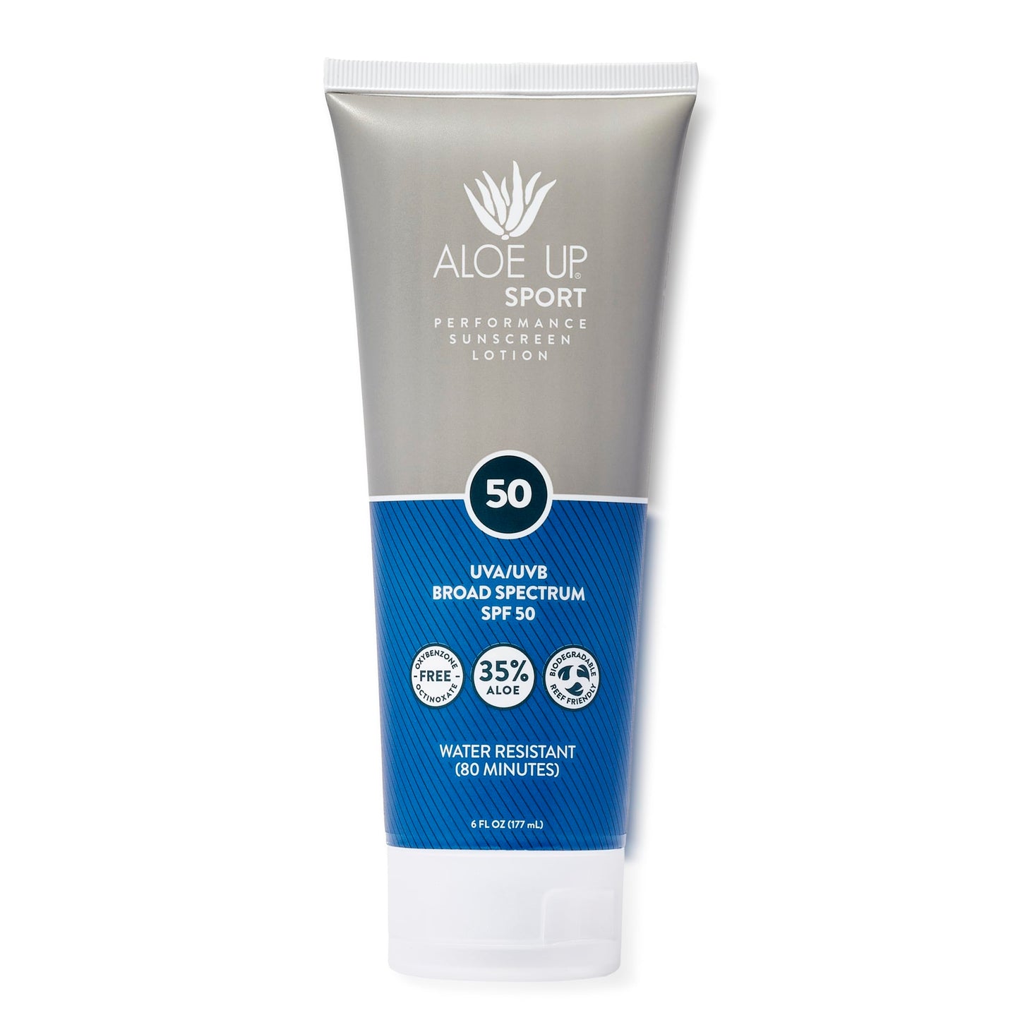 Aloe Up Sport Sunscreen Lotion SPF 50 - Broad Spectrum UVA/UVB Sunscreen Protector for Face and Body - With Hydrating Aloe Vera Gel - Non-Greasy - No White Cast - Reef Safe - Fragrance-Free - 6 Oz.