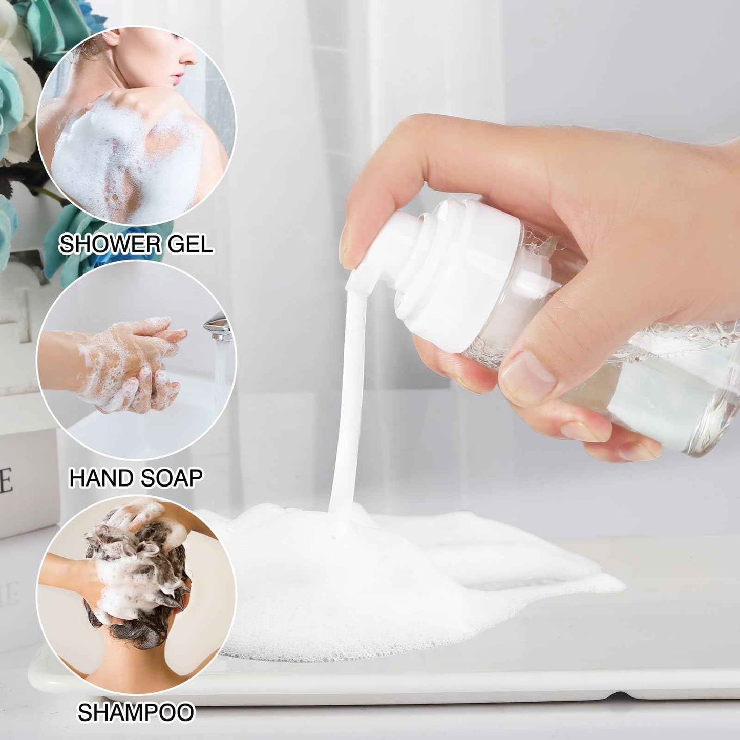 Foam Pump Bottle, 4oz Leak Proof Foaming Soap Dispenser Plastic Refillable Foam Bottles for Shampoo, Hand Soap, Body Wash, Face Wash