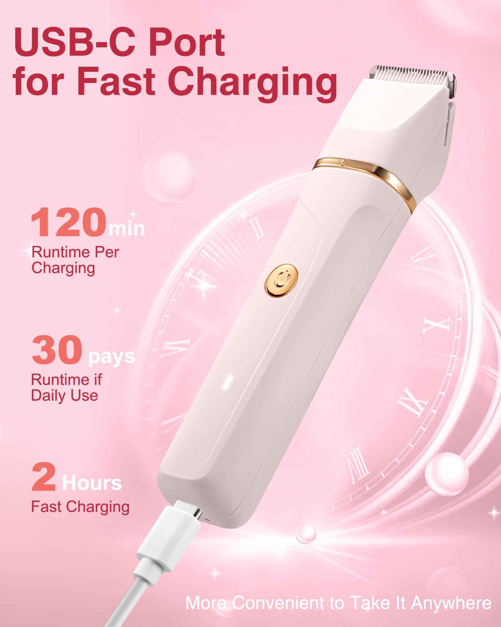 Bikini Trimmer for Women - 3-in-1 Painless Electric Razor Shaver,IPX7 Waterproof&Easy Cleaning for Pubic Hair,Face,Body with Ceramic Blades,USB Rechargeable,Wet&Dry Use(Peach)
