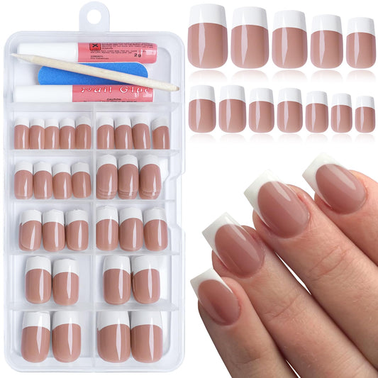 Bellelfin 120Pcs French Tip Press on Nails, Glossy Short Fake Nails French Tips Full Cover Square Acrylic Nails Press on, Nude French Nail Natural Glue on Nails for Women Girls Artificial Fingernails