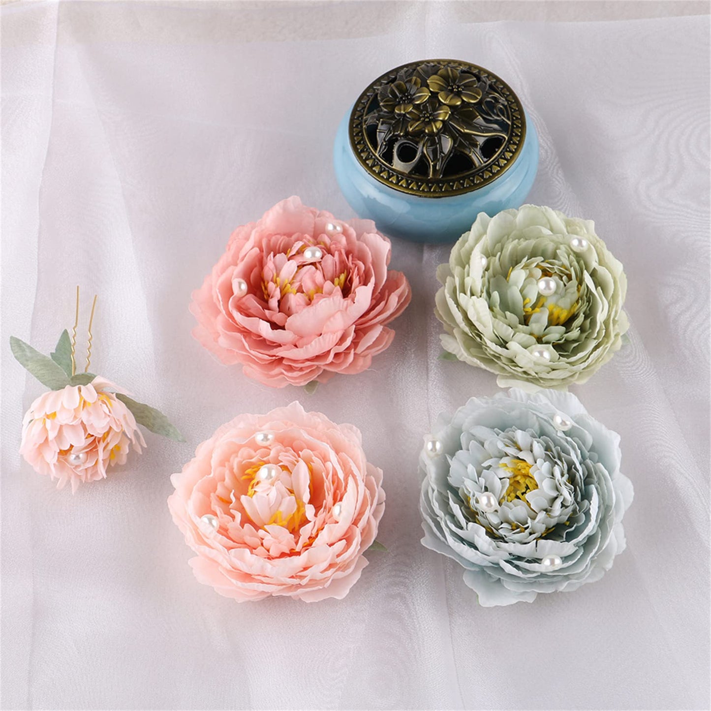 Peony Flower Hair Clip Hanfu Hairpin Bridesmaid Pin up Flower Brooch Party Wedding Decor (one size, Light Green-3Pcs)