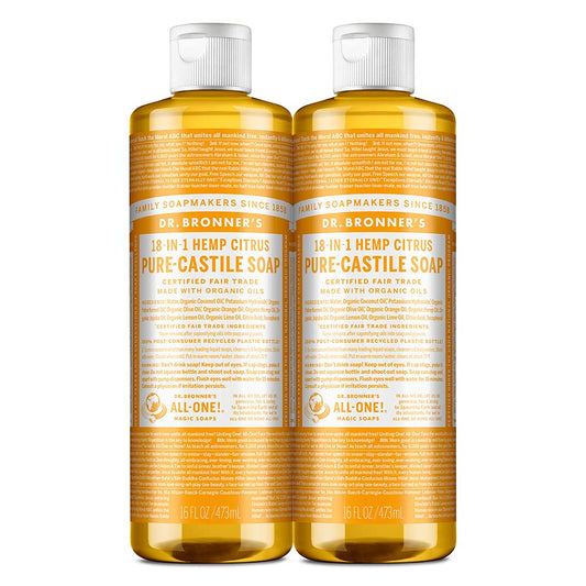 Dr. Bronner's - Pure-Castile Liquid Soap (Citrus, 16 ounce, 2-Pack) - Made with Organic Oils, 18-in-1 Uses: Face, Body, Hair, Laundry, Pets and Dishes, Concentrated, Vegan, Non-GMO