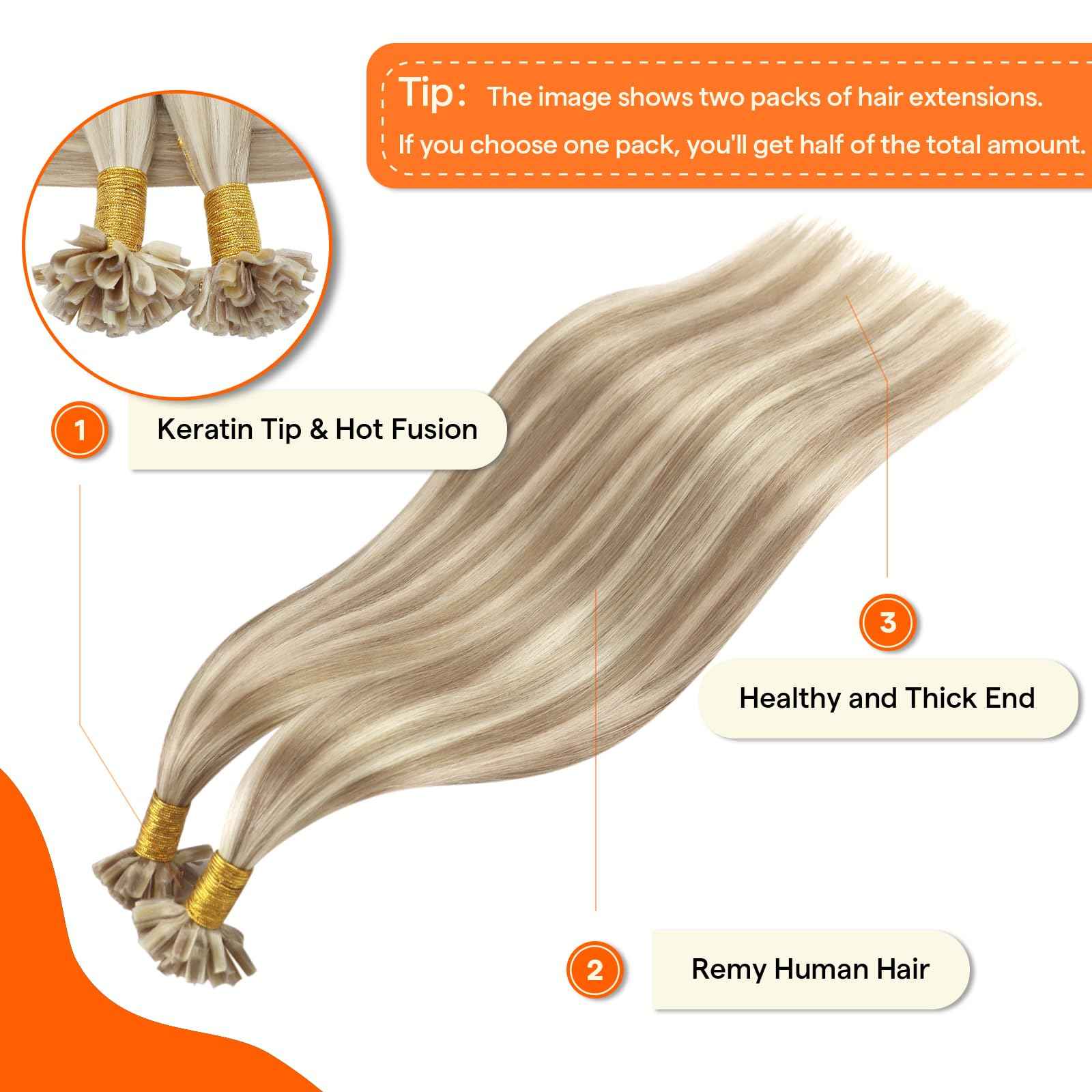 Full Shine U Tip Hair Extensions Human Hair Color 16P22 Blonde Highlighted Keratin Bond Human Hair Extensions 18 Inch Natural Remy Hair Fusion Extensions 50 Grams