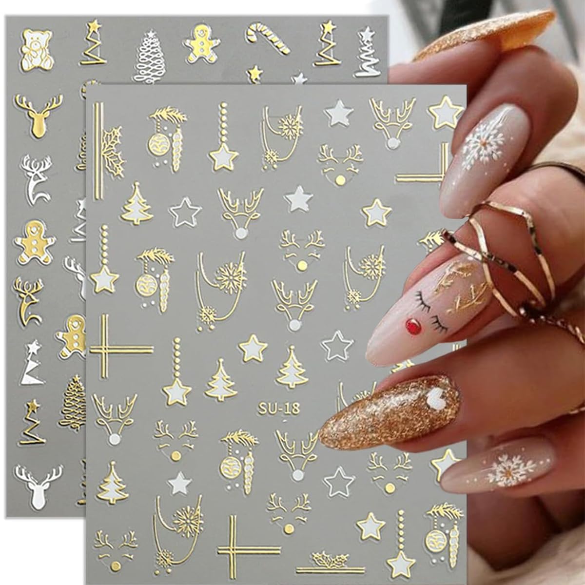 Christmas Nail Art Sticker Decals 8 Sheets Gold Silver Snowflake Nail Decals Elk Star Christmas Tree Gingerbread Man Design Holiday Nail Stickers Xmas Acrylic Nail Art Decorations Supplies for Women