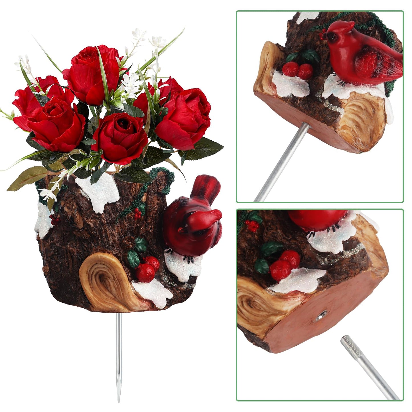 bocola Cardinal Cemetery Decorations Cardinal Grave Vase with Artificial Roses Flowers for Headstones Gravesite Graveyard Decorations Memorial Gift