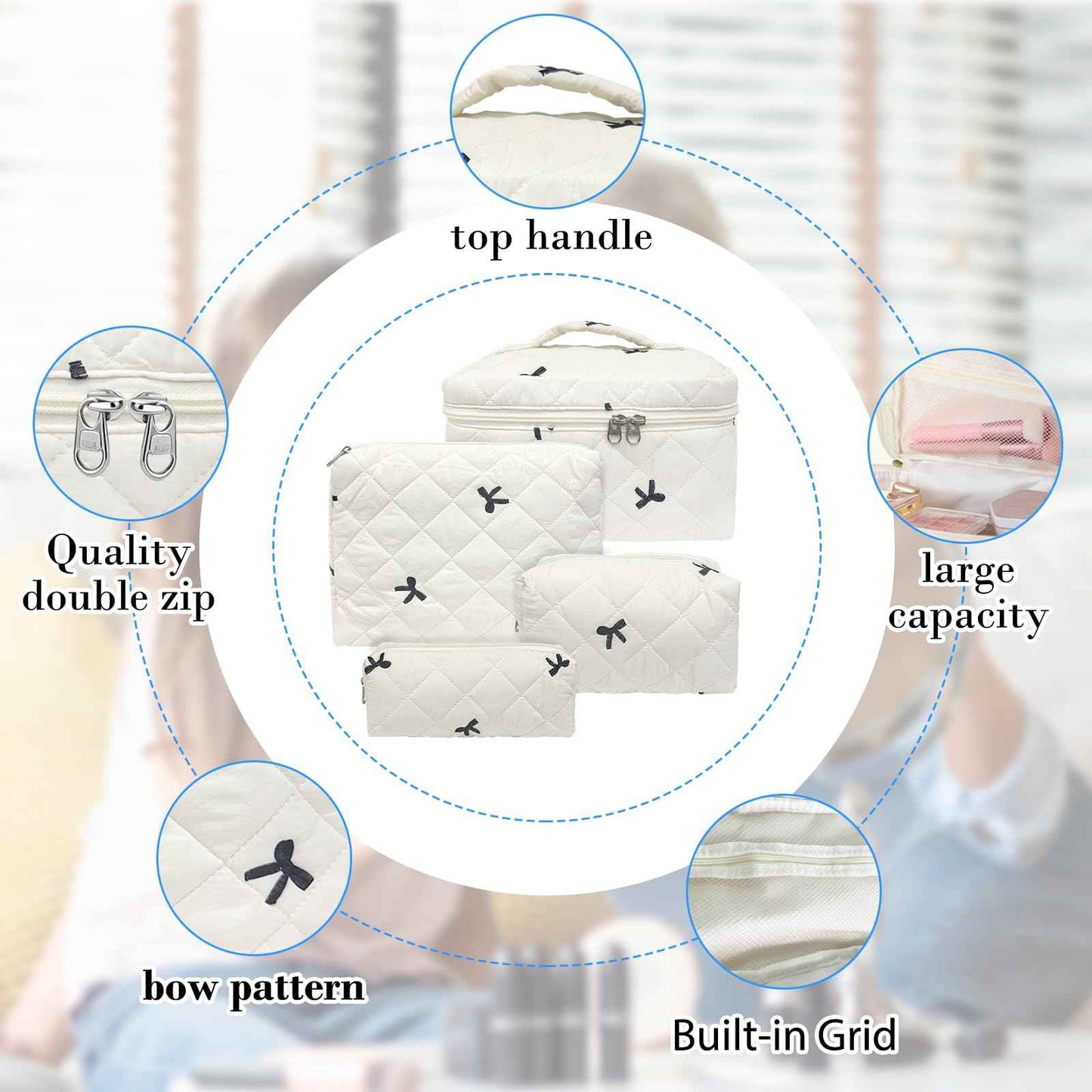 Quilted Makeup Bag, Large Capacity Travel Cosmetic Bag for Women and Girls, Aesthetic Storage for Daily and Travel Use (4pcs-embroidered Bow)