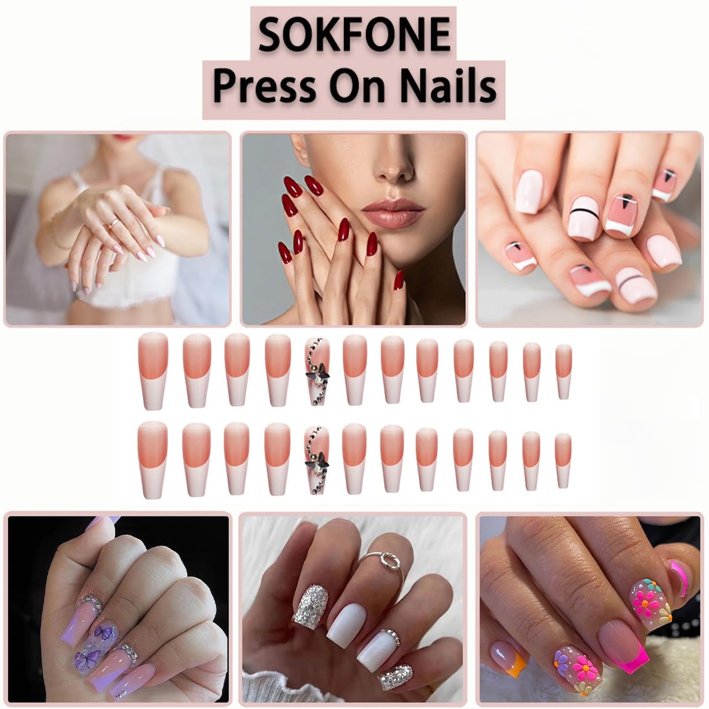 Press on Nails Long Coffin Fake Nails White French Tip False Nails with Butterfly Rhinestones Charm Designs Acrylic Nails Pink Full Cover Glue on Nail Decorations for Women